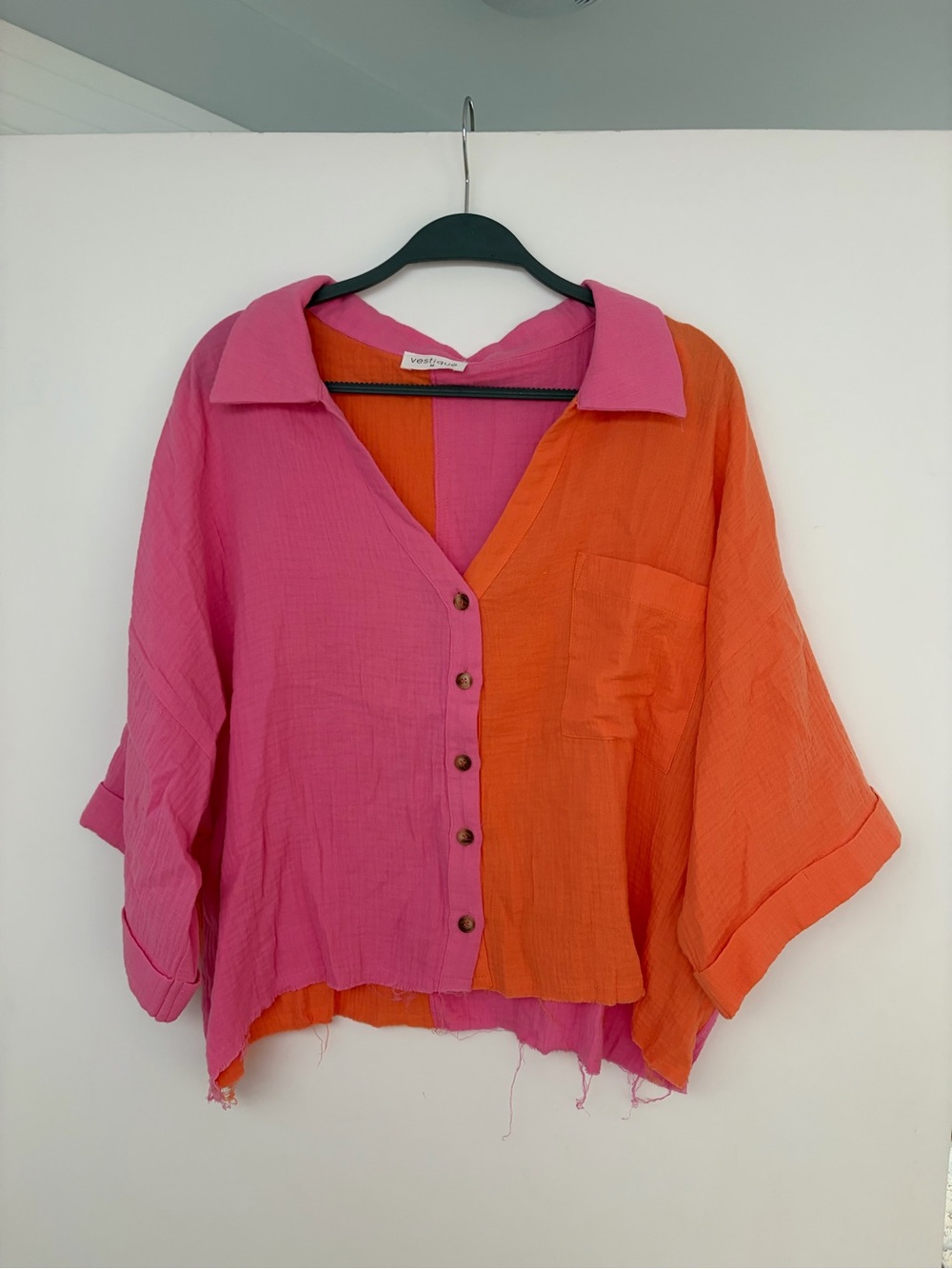 Colorblock Pink & Orange Button-Front Women’s Top